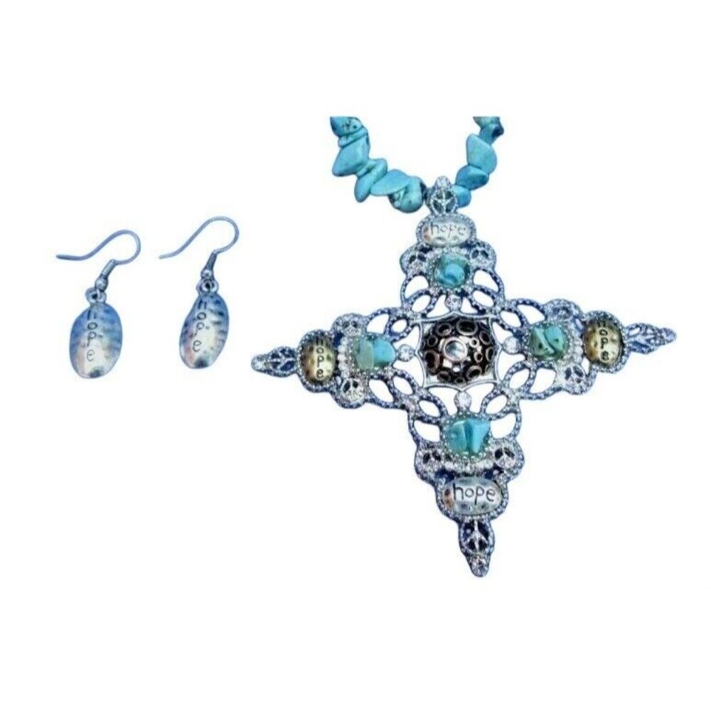 Turquoise Silver Cross Open Filigree Modern Rhinestone Necklace Earrings Set